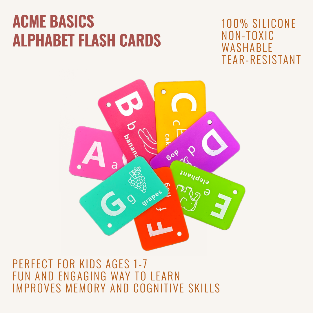 ABC Flash Cards Silicone for Toddlers by Acme Basics, 26 Alphabet Letters, Learning Educational Cognition Toy for Toddlers Preschool Kids. Waterproof, Tearproof