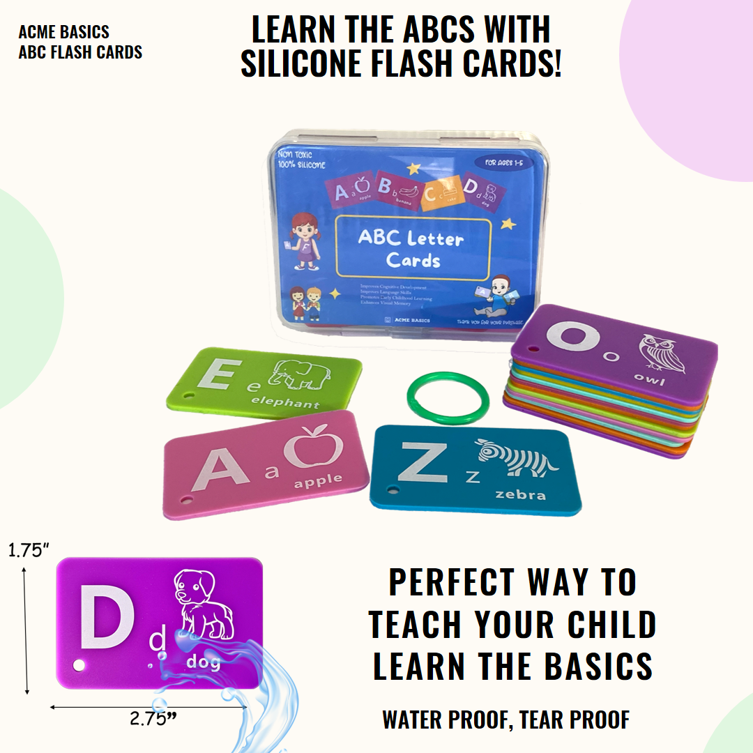 ABC Flash Cards Silicone for Toddlers by Acme Basics, 26 Alphabet Letters, Learning Educational Cognition Toy for Toddlers Preschool Kids. Waterproof, Tearproof