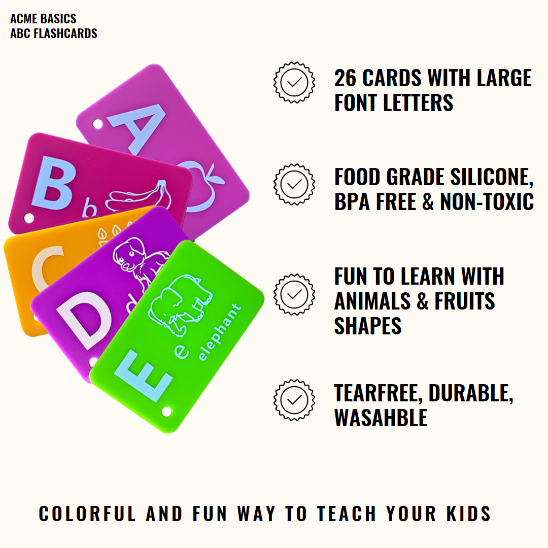 ABC Flash Cards Silicone for Toddlers by Acme Basics, 26 Alphabet Letters, Learning Educational Cognition Toy for Toddlers Preschool Kids. Waterproof, Tearproof