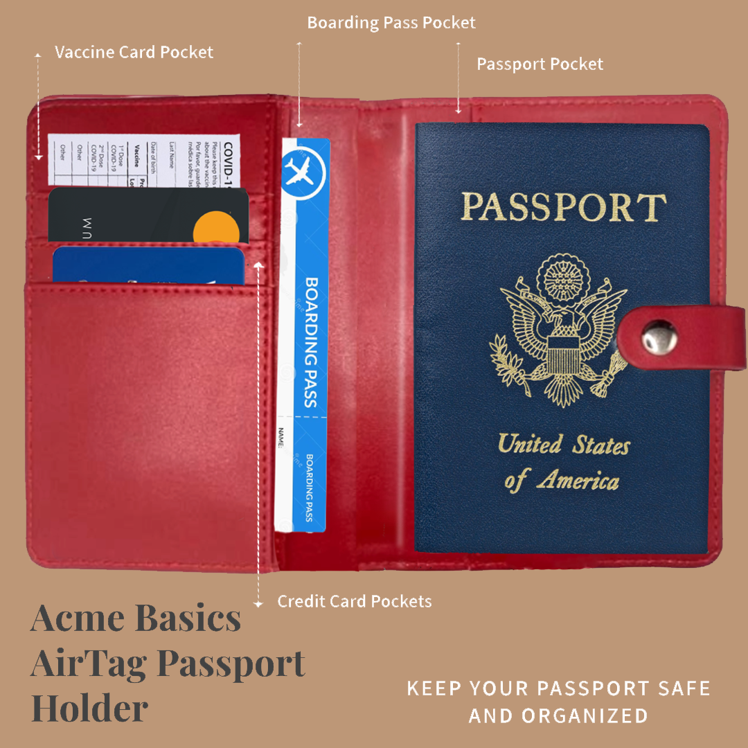 Acme Basics Passport Holder with AirTag slot with Luggage Tag and AirTag Holders COMBO: Vaccine Card, ID, Boarding Pass, Credit Card Protector for Men and Women