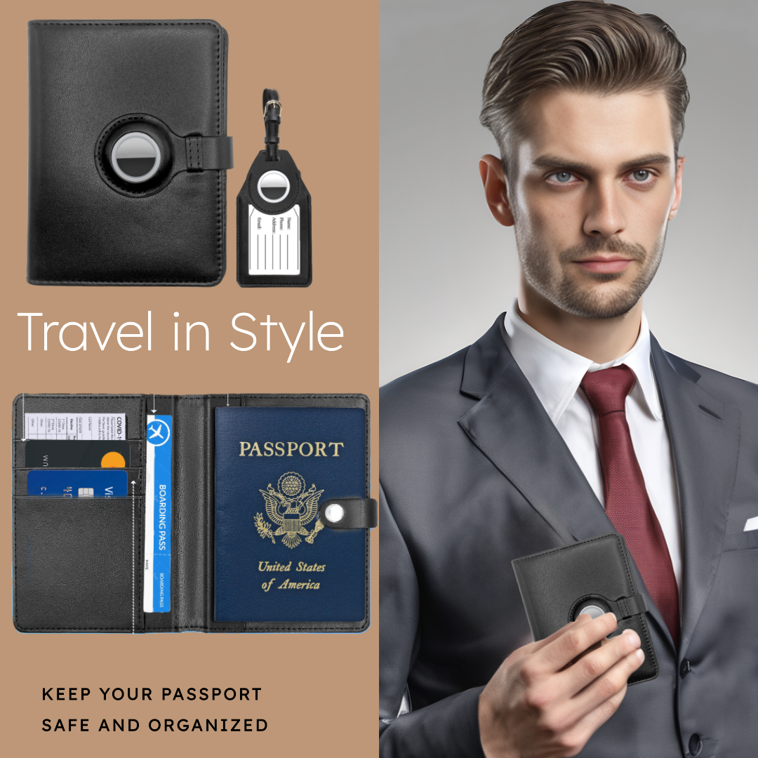 Acme Basics Passport Holder with AirTag slot with Luggage Tag and AirTag Holders COMBO: Vaccine Card, ID, Boarding Pass, Credit Card Protector for Men and Women