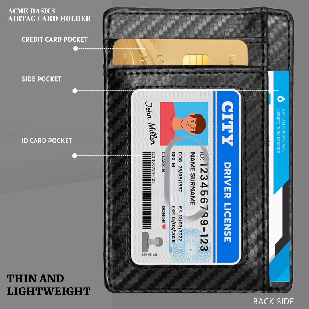 AcmeBasics Minimalist Card Holder with Built-in AirTag Holder Slim RFID blocking