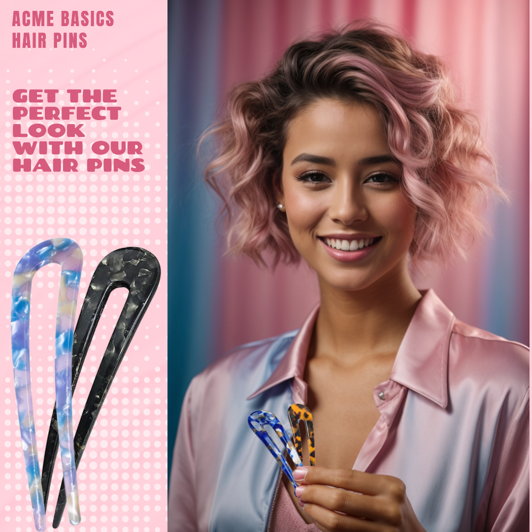 Acme Basics Hair Pins, French Hair Pin for Buns, Flyaways & Styling Thick & Long Hair, Acetate U Shaped for Girls and Women (4 Pack)