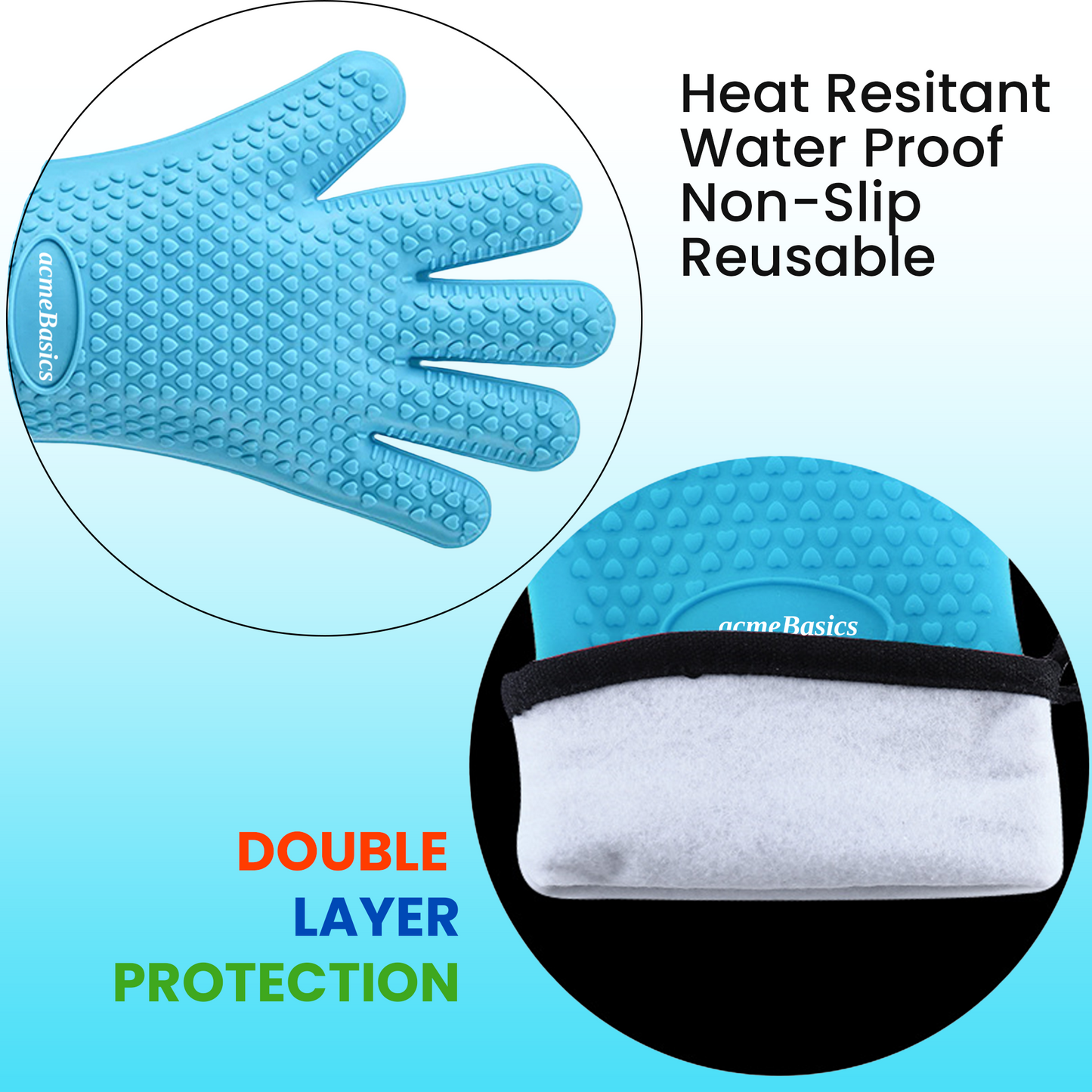 Acme Basics Silicone Oven Gloves, Non-Slip Mitts, Heat Resistant, BBQ (2-Pack)