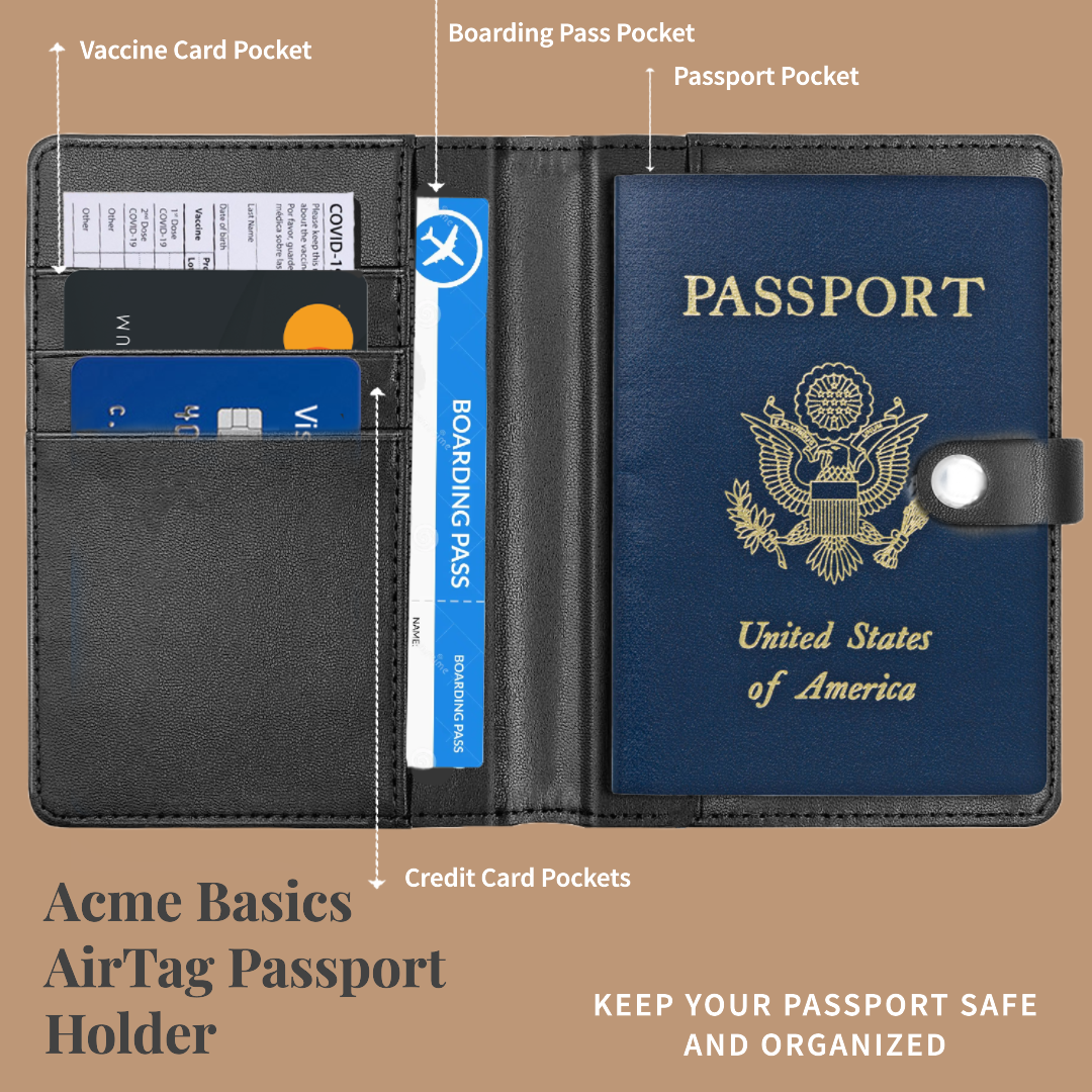 Acme Basics Passport Holder with AirTag slot with Luggage Tag and AirTag Holders COMBO: Vaccine Card, ID, Boarding Pass, Credit Card Protector for Men and Women