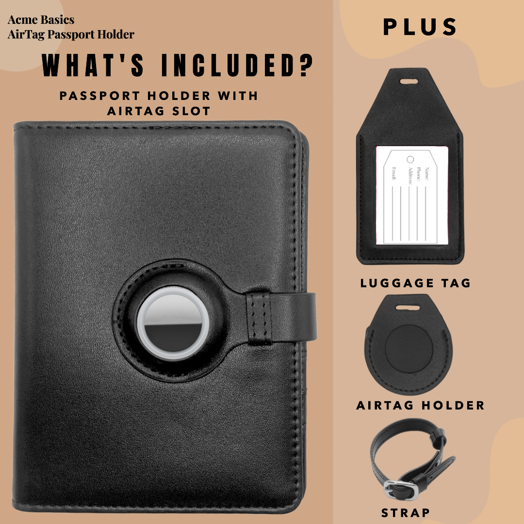 Acme Basics Passport Holder with AirTag slot with Luggage Tag and AirTag Holders COMBO: Vaccine Card, ID, Boarding Pass, Credit Card Protector for Men and Women