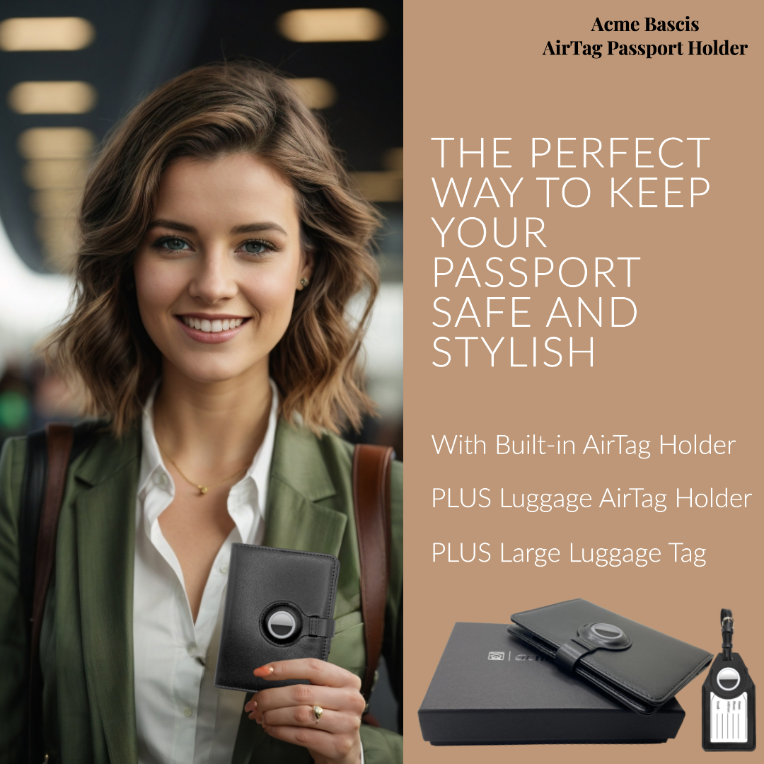 Acme Basics Passport Holder with AirTag slot with Luggage Tag and AirTag Holders COMBO: Vaccine Card, ID, Boarding Pass, Credit Card Protector for Men and Women