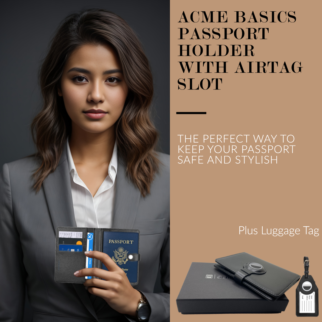 Acme Basics Passport Holder with AirTag slot with Luggage Tag and AirTag Holders COMBO: Vaccine Card, ID, Boarding Pass, Credit Card Protector for Men and Women