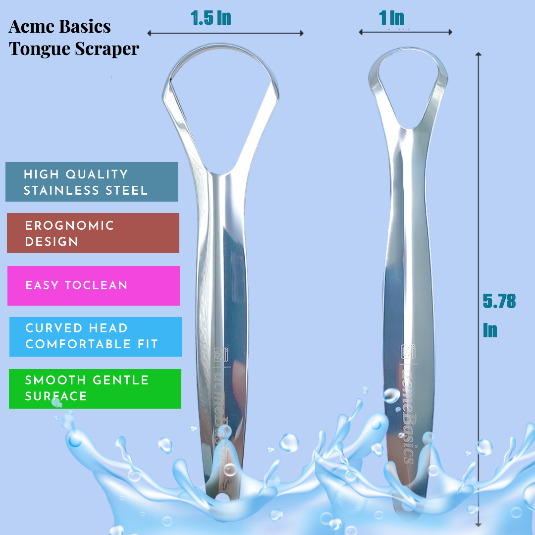 Acme Basics Stainless Steel Tongue Scraper, for bad breath treatment, Oral hygiene care and fresh breath for Adults and Kids, Family Pack (4 Pcs)