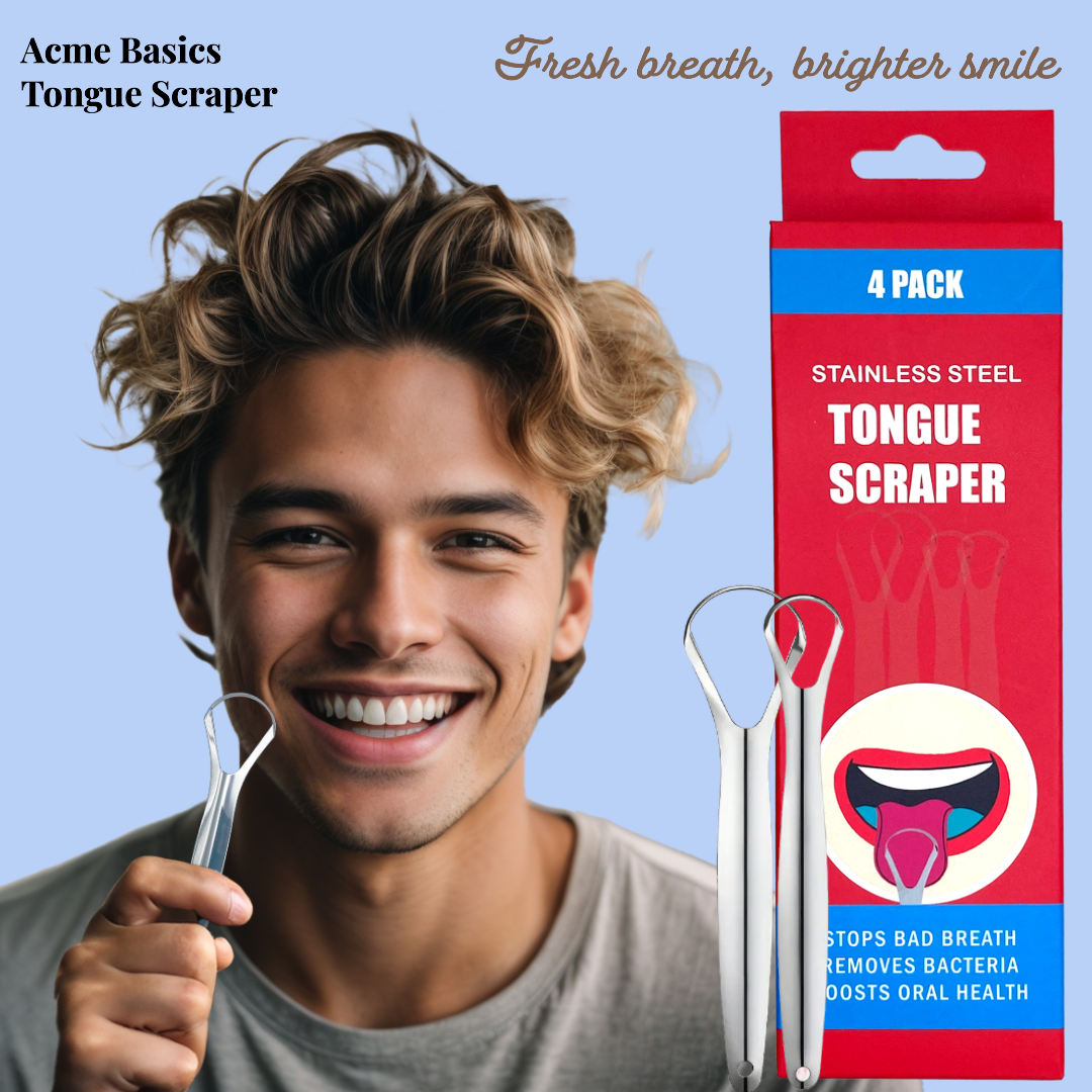 Acme Basics Stainless Steel Tongue Scraper, for bad breath treatment, Oral hygiene care and fresh breath for Adults and Kids, Family Pack (4 Pcs)