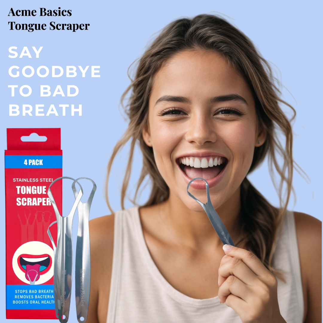 Acme Basics Stainless Steel Tongue Scraper, for bad breath treatment, Oral hygiene care and fresh breath for Adults and Kids, Family Pack (4 Pcs)