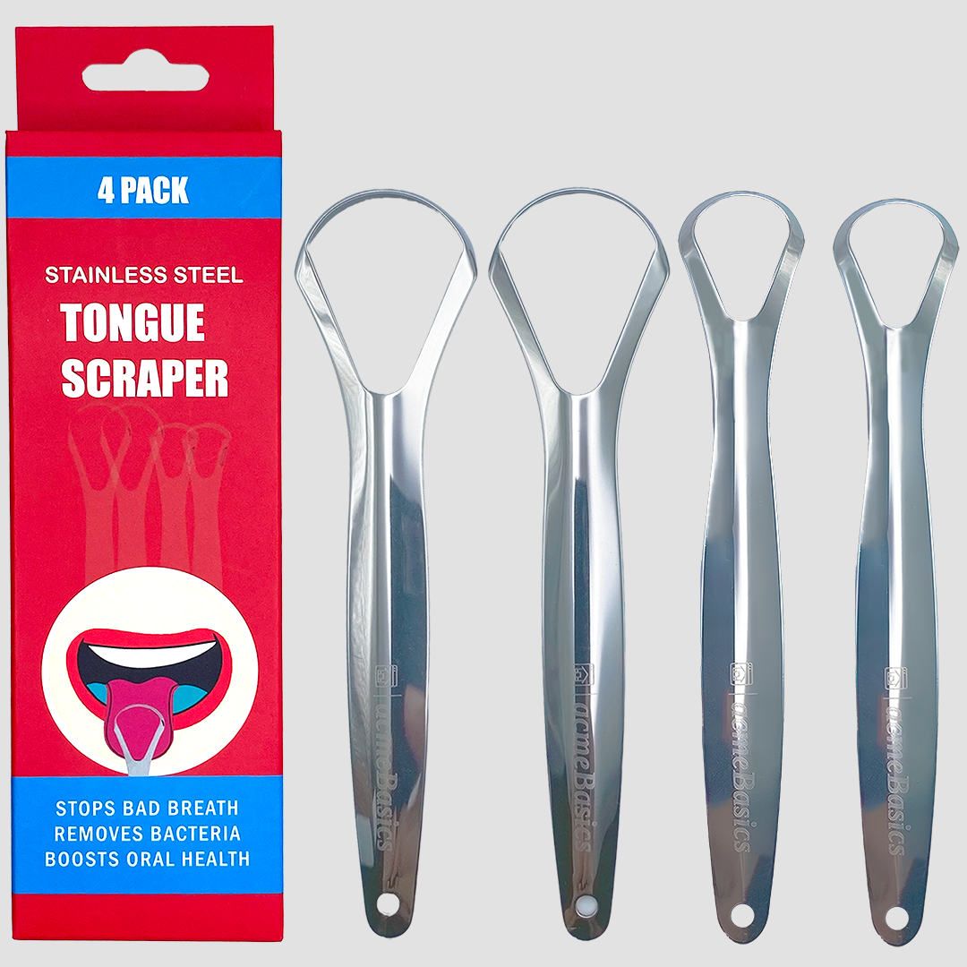 Acme Basics Stainless Steel Tongue Scraper, for bad breath treatment, Oral hygiene care and fresh breath for Adults and Kids, Family Pack (4 Pcs)