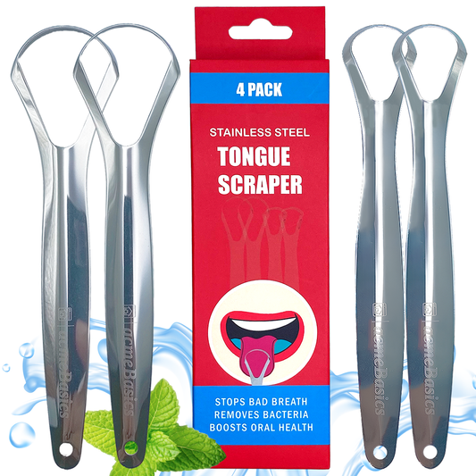 Acme Basics Stainless Steel Tongue Scraper, for bad breath treatment, Oral hygiene care and fresh breath for Adults and Kids, Family Pack (4 Pcs)