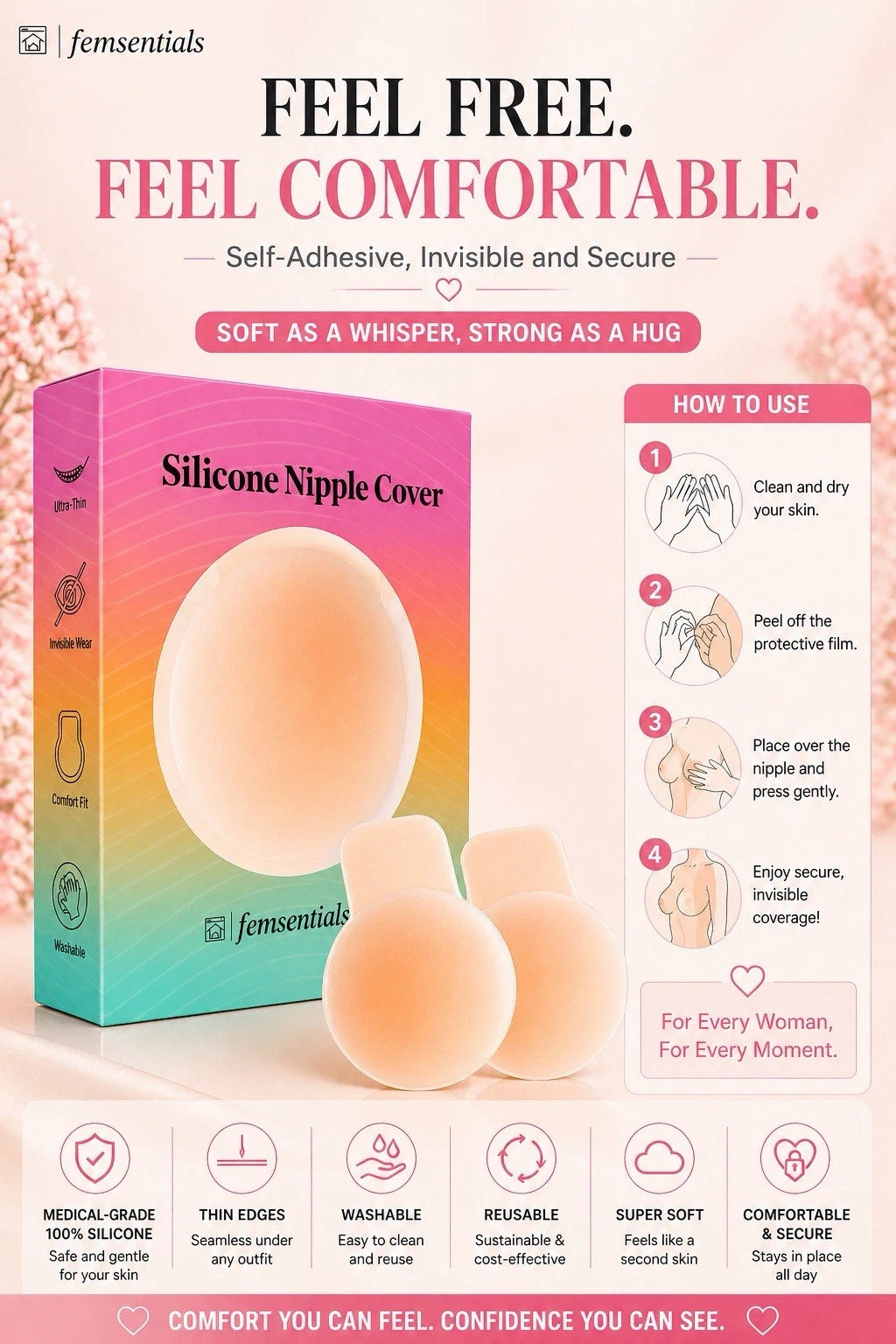 Femsentials reusable adhesive silicone nipple covers